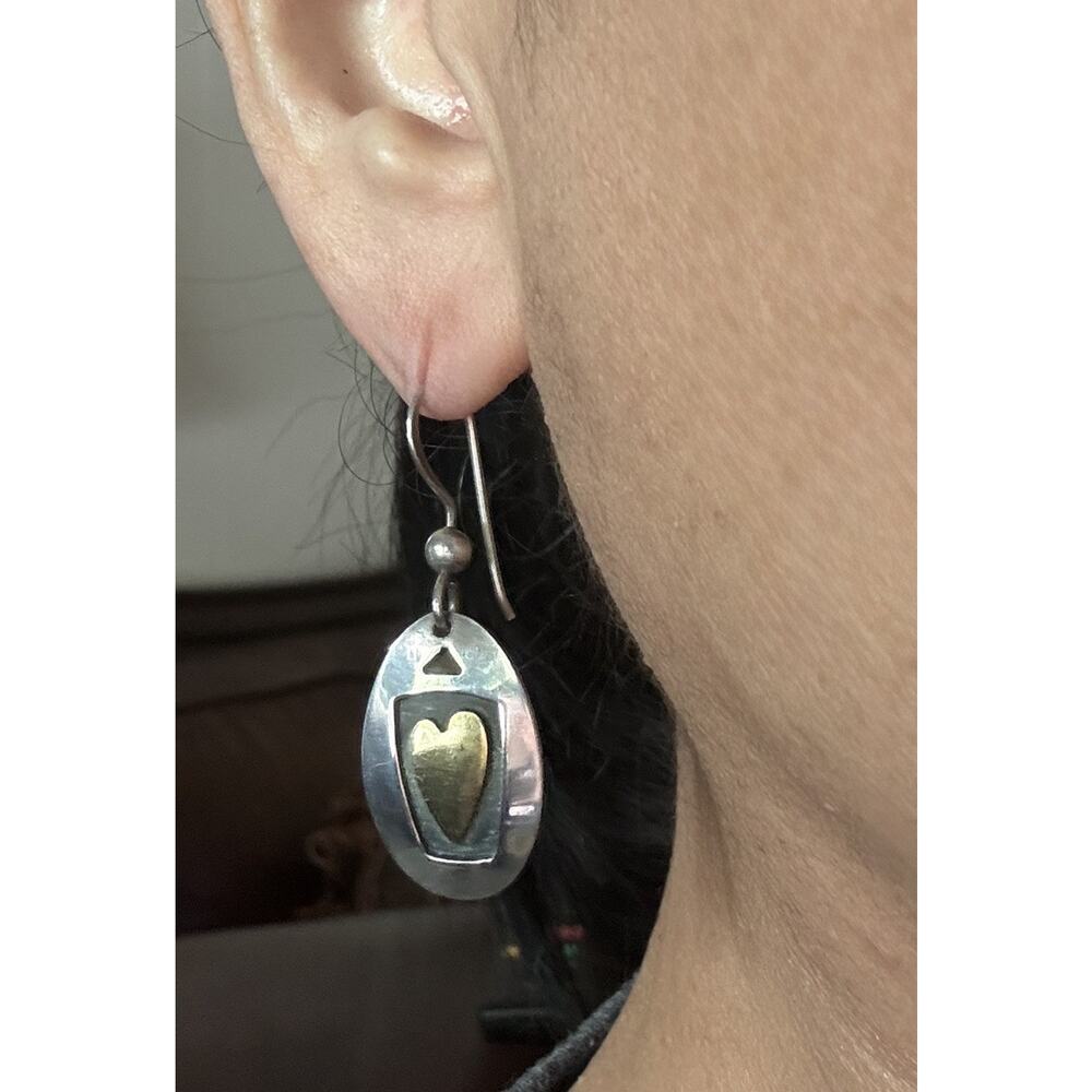Vintage Two Tone Heart Sterling Silver And Gold Dangle Drop Earrings Signed FF